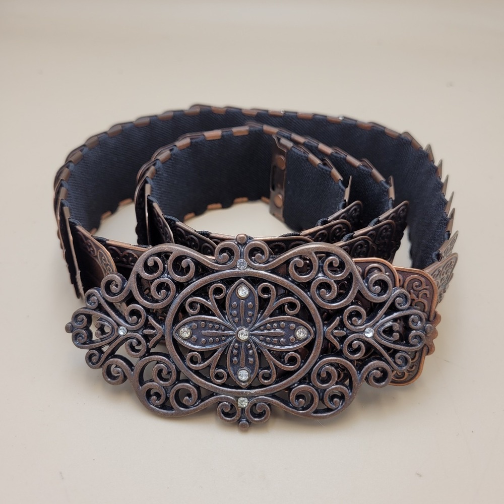 Vintage Copper-tone Metallic Fish Scale Stretch Belt w/ Ornate Rhinestone Buckle